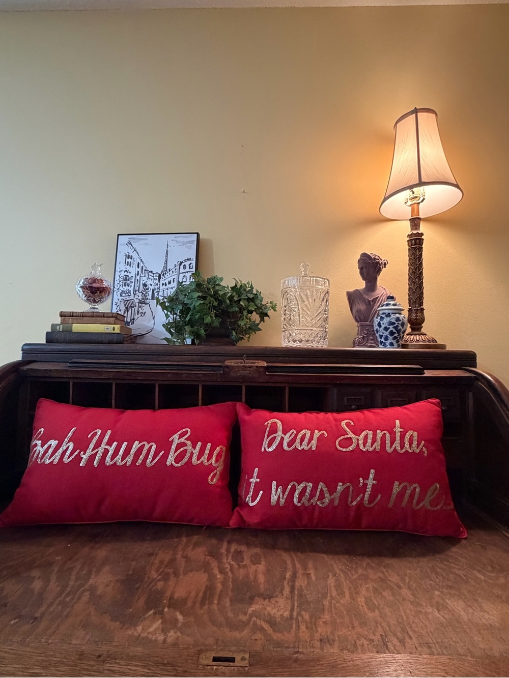 Set of 2 Red Gold Sequins Christmas pillows "Dear Santa" & "Bah Humbug" 18x20